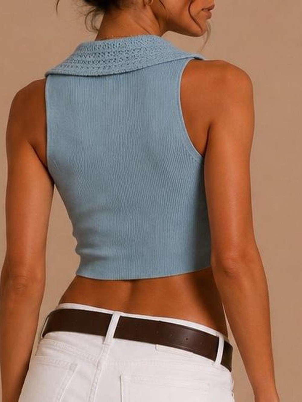 Vintage Blue Ribbed Knit Polo Tank Top Womens Small Cropped Sleeveless - Picture 4 of 7